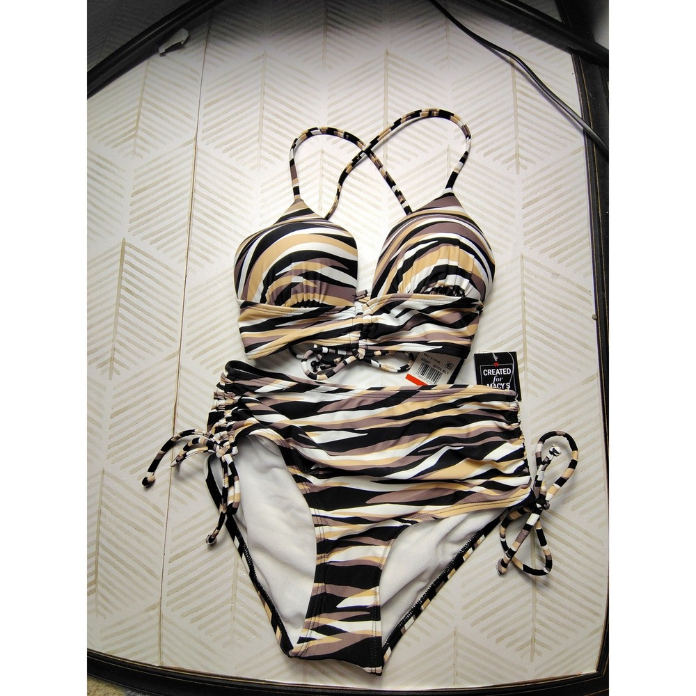 Salt & Cove Women Neutral Multi Stripe Bikini Set XS High Waist 805407 805408